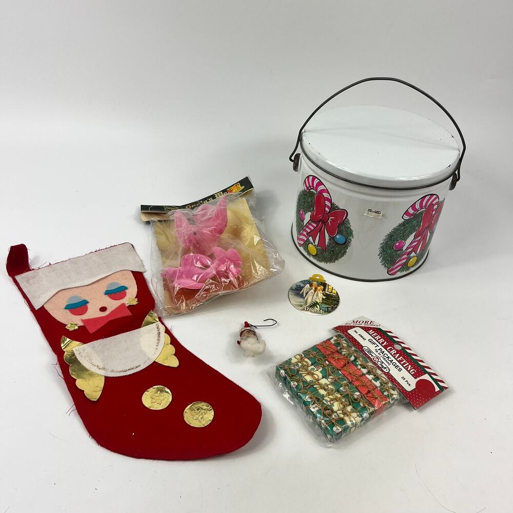 Vtg Christmas Holiday Lot Tin Santa Stocking Pink Birds Angel Tags Mini Gifts